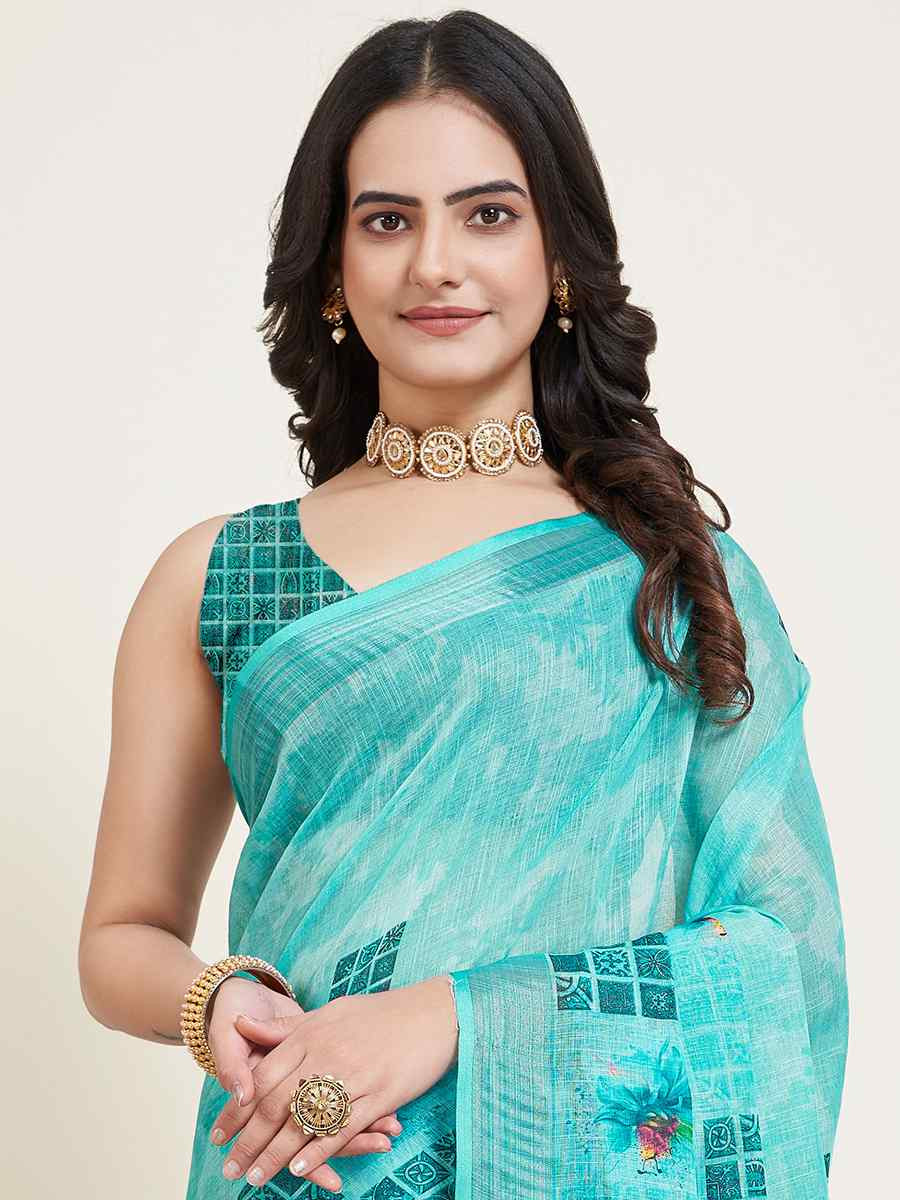 Sky Semi Cotton Printed Festival Casual Contemporary Saree