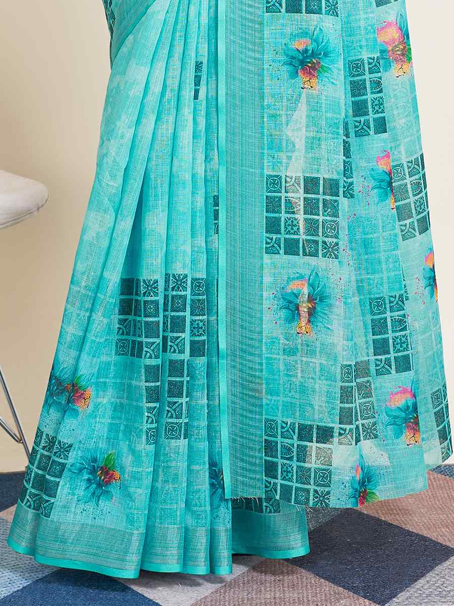 Sky Semi Cotton Printed Festival Casual Contemporary Saree