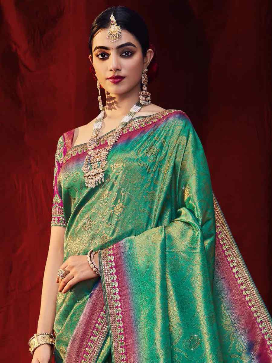 Sky Silk Embroidered Reception Wedding Heavy Border Saree