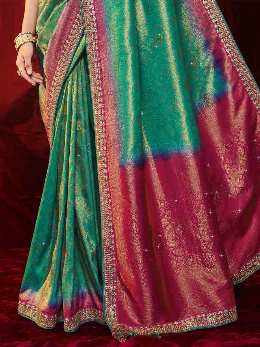 Sky Silk Embroidered Reception Wedding Heavy Border Saree