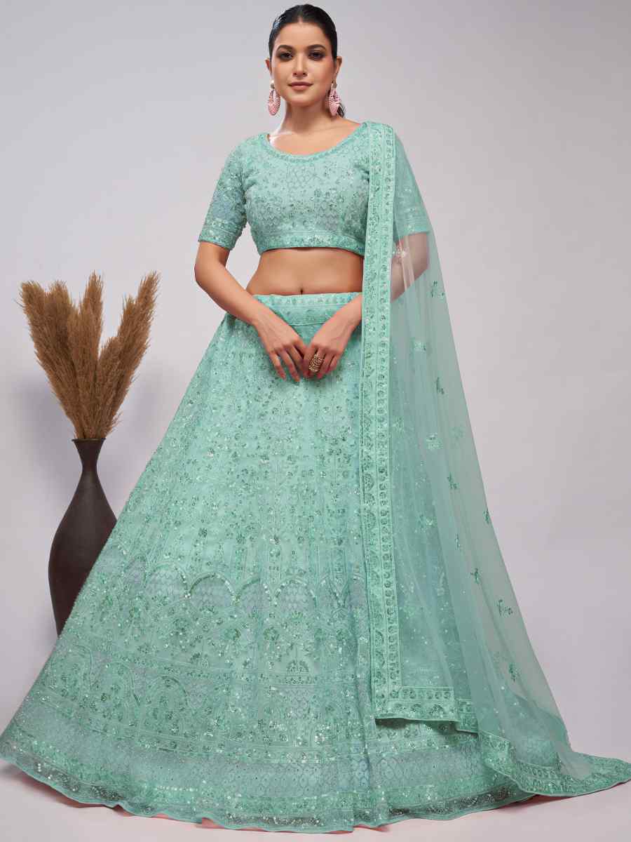 Sky Soft Net Embroidered Bridesmaid Wedding Heavy Border Lehenga Choli