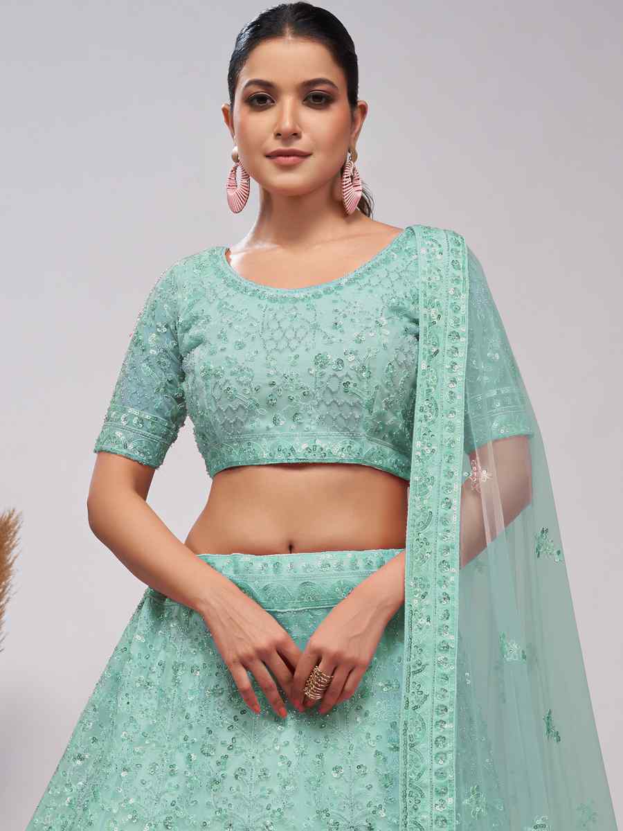 Sky Soft Net Embroidered Bridesmaid Wedding Heavy Border Lehenga Choli