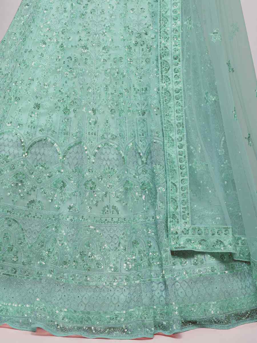 Sky Soft Net Embroidered Bridesmaid Wedding Heavy Border Lehenga Choli