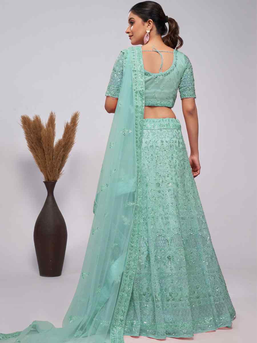 Sky Soft Net Embroidered Bridesmaid Wedding Heavy Border Lehenga Choli