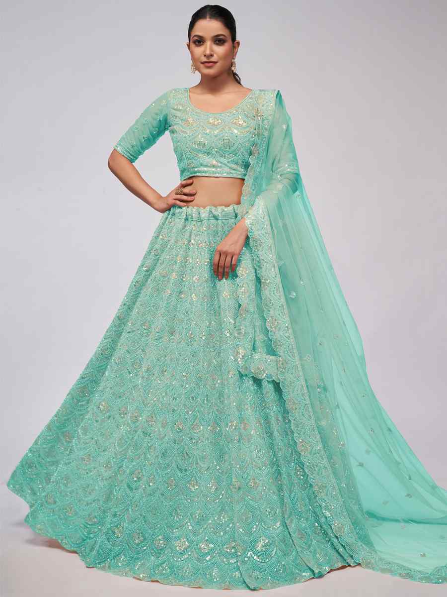 Sky Soft Net Embroidered Bridesmaid Wedding Heavy Border Lehenga Choli