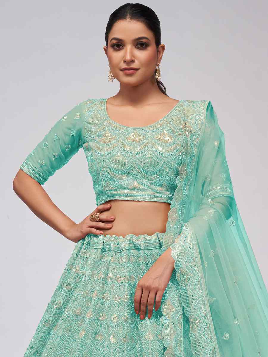 Sky Soft Net Embroidered Bridesmaid Wedding Heavy Border Lehenga Choli