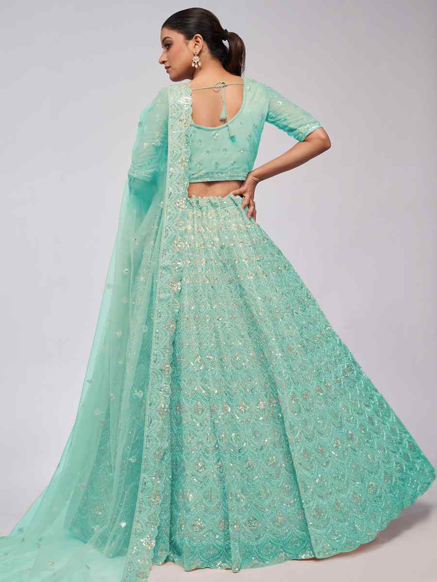 Sky Soft Net Embroidered Bridesmaid Wedding Heavy Border Lehenga Choli