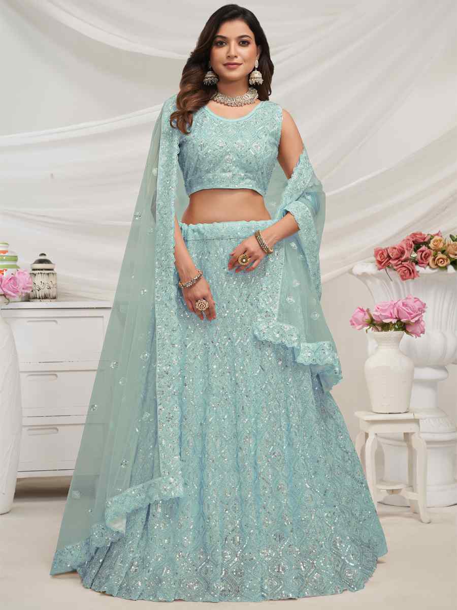 Sky Soft Net Embroidered Bridesmaid Wedding Heavy Border Lehenga Choli