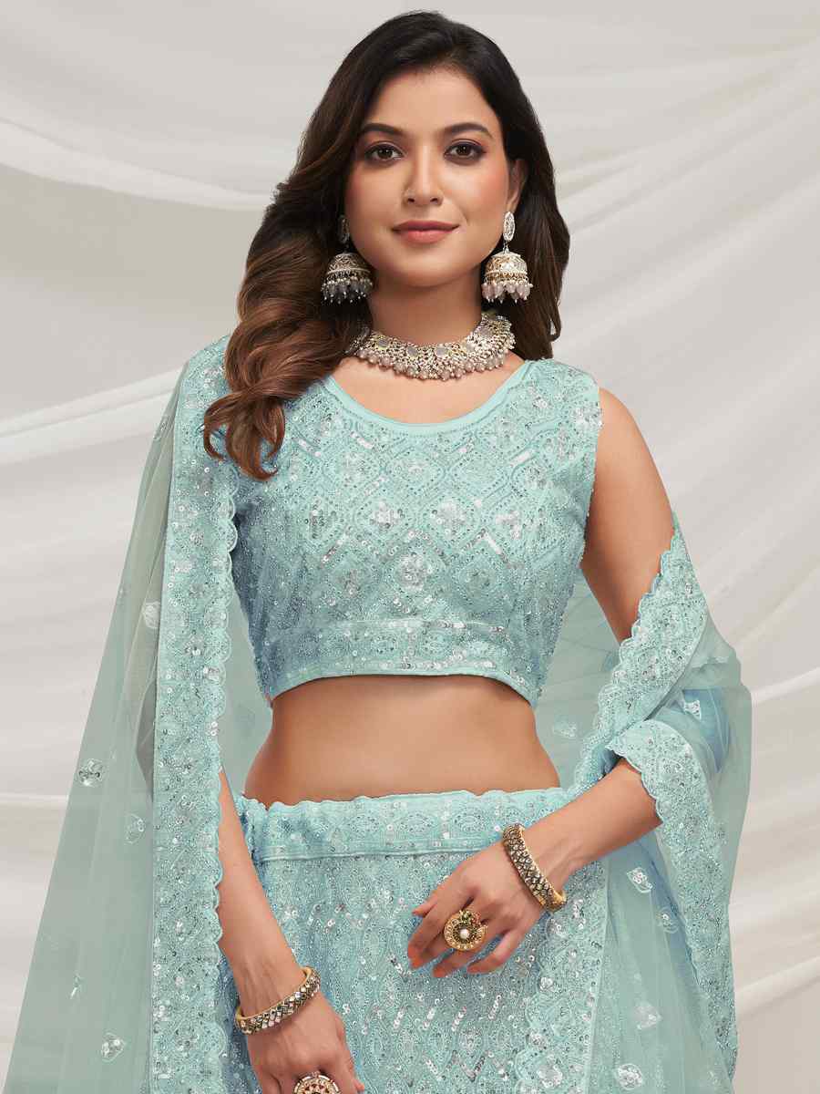 Sky Soft Net Embroidered Bridesmaid Wedding Heavy Border Lehenga Choli