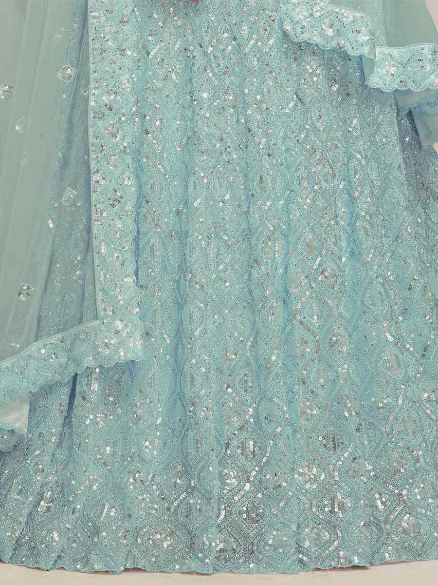 Sky Soft Net Embroidered Bridesmaid Wedding Heavy Border Lehenga Choli