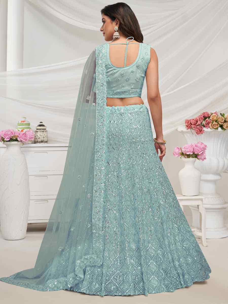 Sky Soft Net Embroidered Bridesmaid Wedding Heavy Border Lehenga Choli