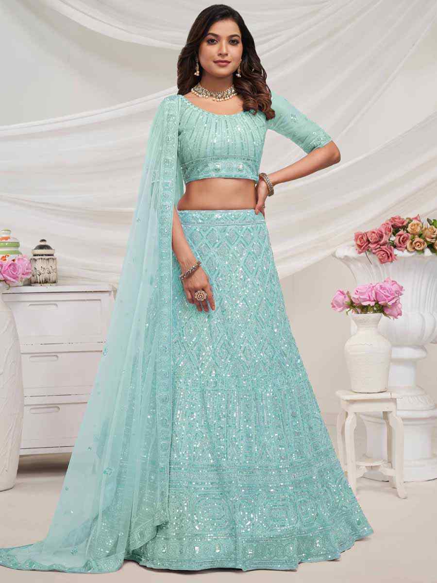 Sky Soft Net Embroidered Bridesmaid Wedding Heavy Border Lehenga Choli