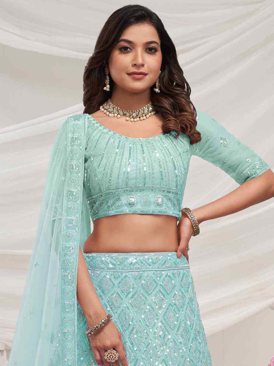 Sky Soft Net Embroidered Bridesmaid Wedding Heavy Border Lehenga Choli