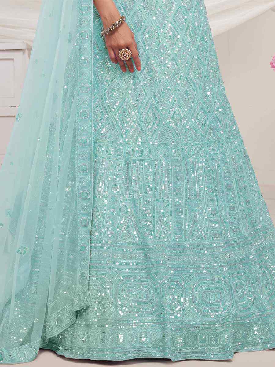 Sky Soft Net Embroidered Bridesmaid Wedding Heavy Border Lehenga Choli