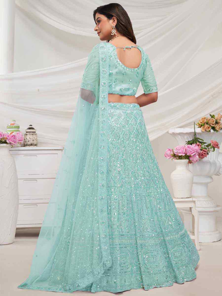 Sky Soft Net Embroidered Bridesmaid Wedding Heavy Border Lehenga Choli