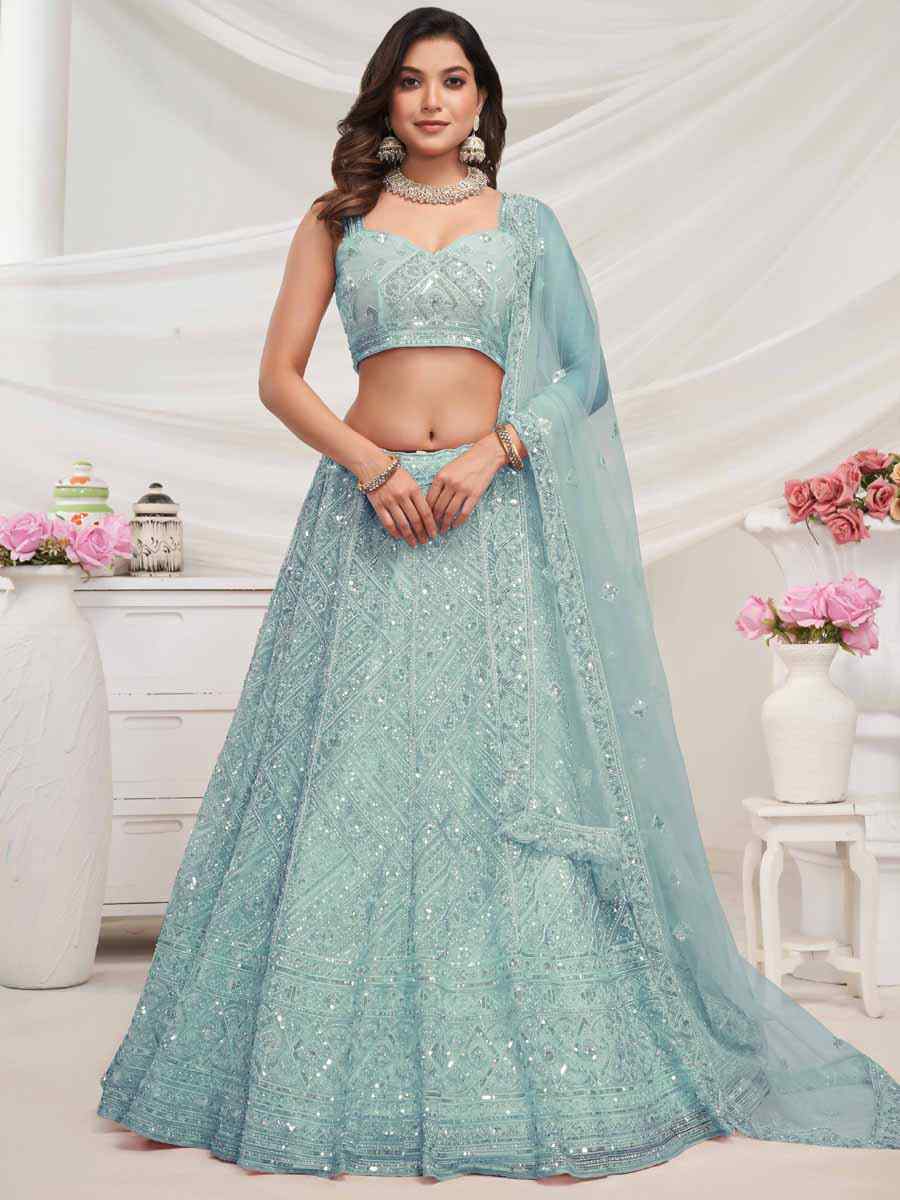 Sky Soft Net Embroidered Bridesmaid Wedding Heavy Border Lehenga Choli