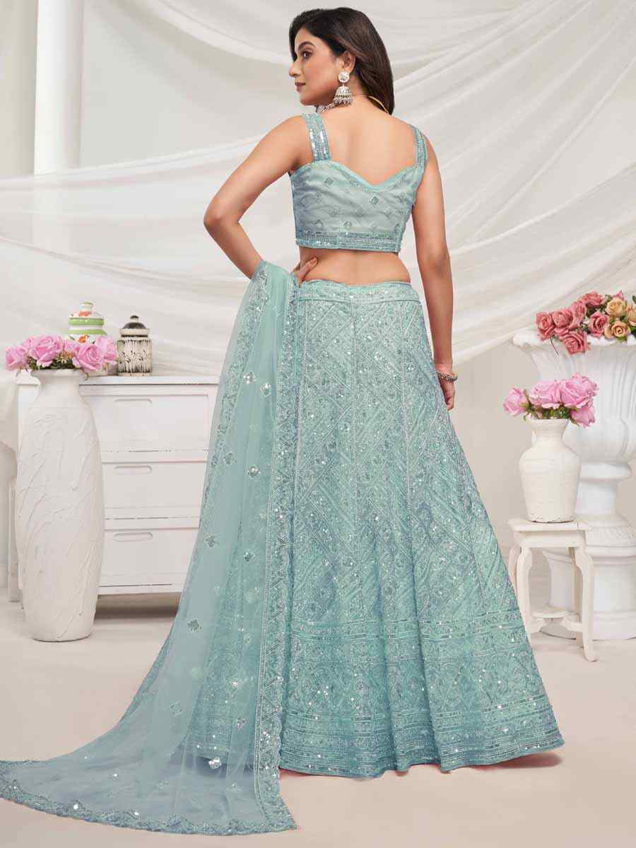 Sky Soft Net Embroidered Bridesmaid Wedding Heavy Border Lehenga Choli