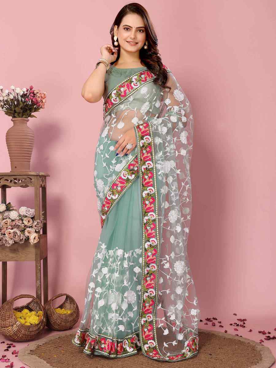 Sky Soft Net Embroidered Wedding Festival Heavy Border Saree