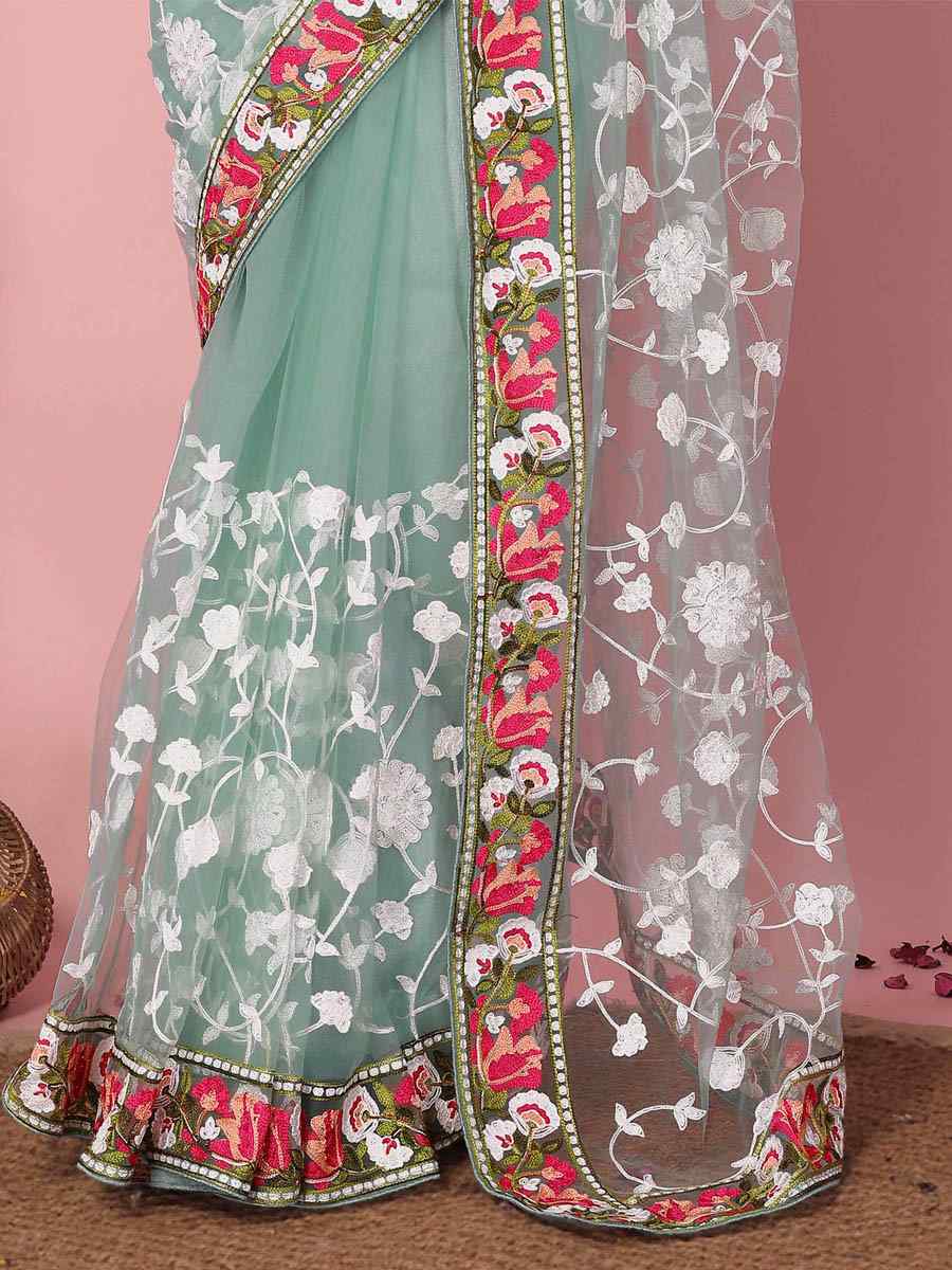 Sky Soft Net Embroidered Wedding Festival Heavy Border Saree