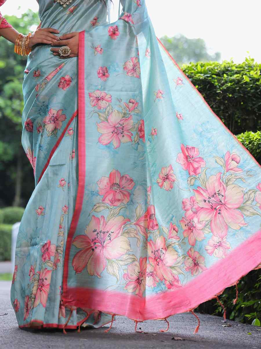 Sky Soft Tussar Silk Handwoven Festival Casual Classic Style Saree