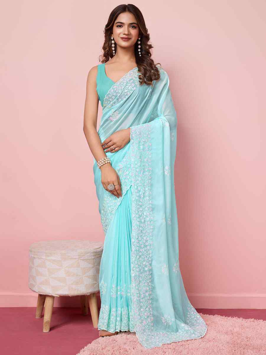 Sky Taby Silk Embroidered Wedding Festival Heavy Border Saree