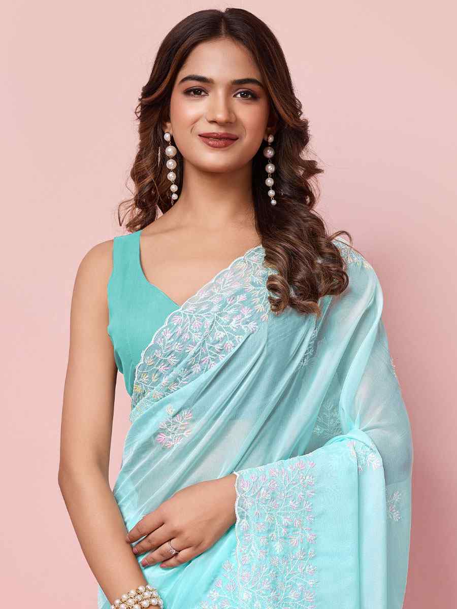 Sky Taby Silk Embroidered Wedding Festival Heavy Border Saree