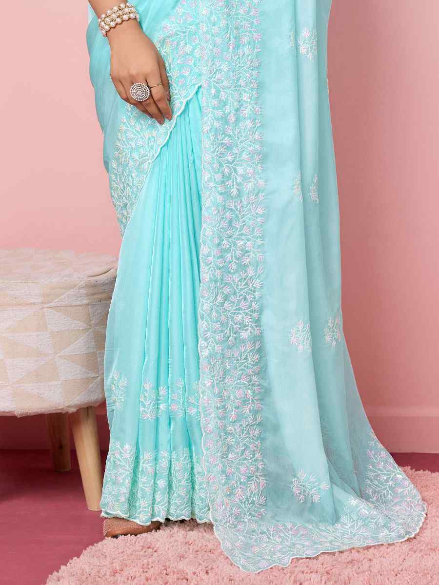 Sky Taby Silk Embroidered Wedding Festival Heavy Border Saree