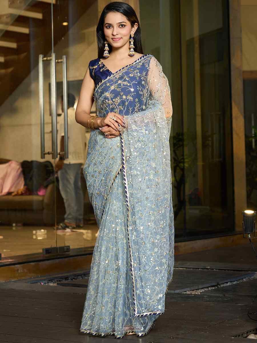 Sky Taffeta Silk Embroidered Reception Party Heavy Border Saree