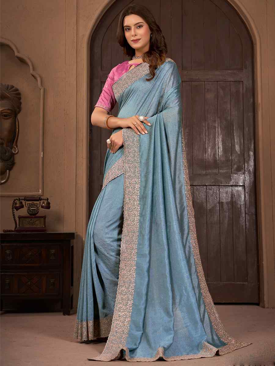 Sky Vichitra Embroidered Wedding Party Heavy Border Saree