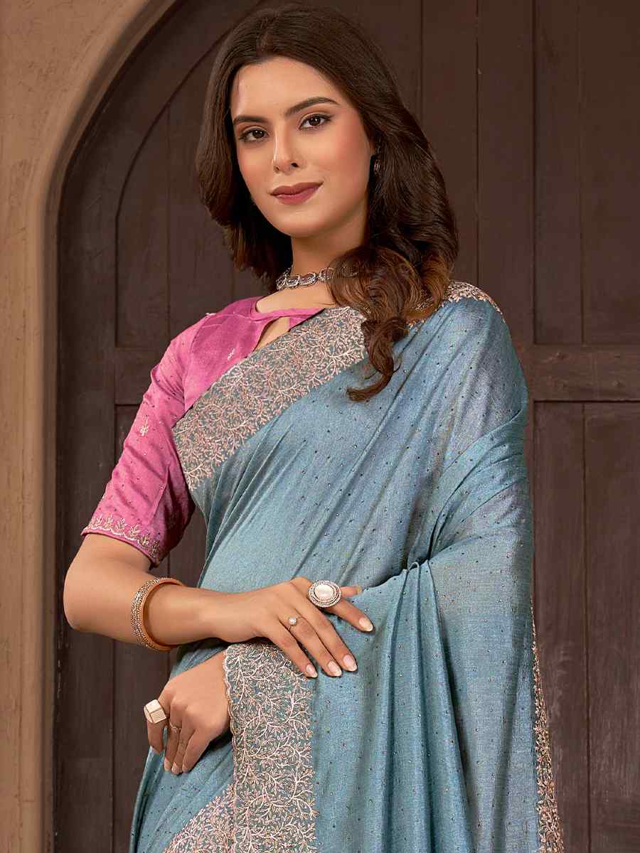 Sky Vichitra Embroidered Wedding Party Heavy Border Saree