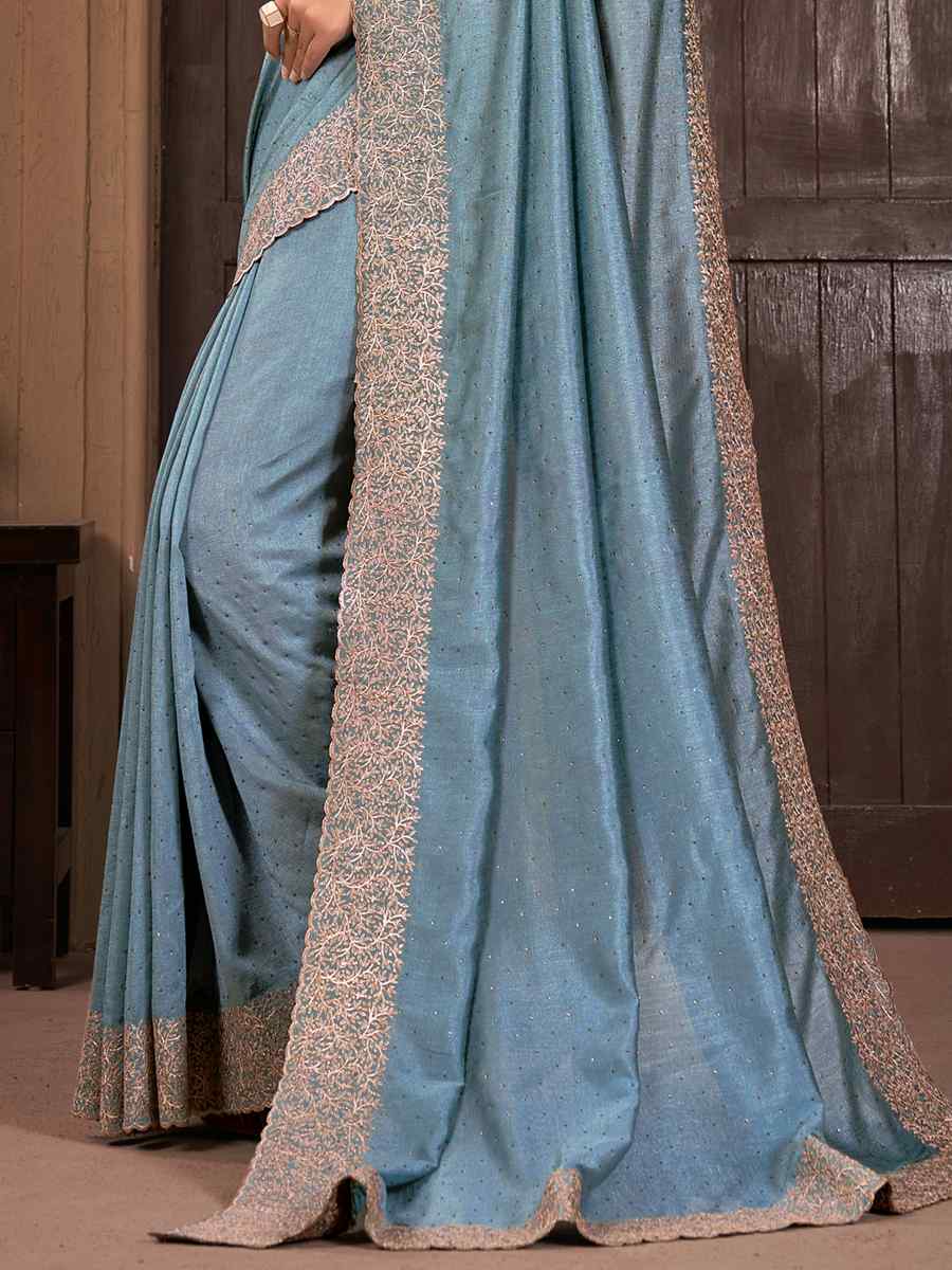 Sky Vichitra Embroidered Wedding Party Heavy Border Saree