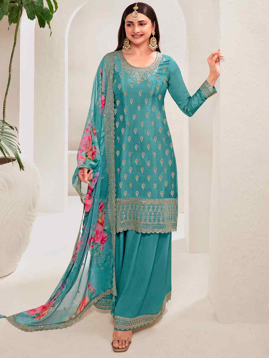 Sky Viscose Chinon Embroidered Festival Wedding Palazzo Pant Salwar Kameez