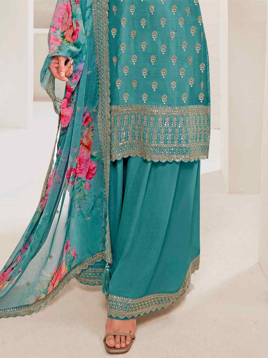 Sky Viscose Chinon Embroidered Festival Wedding Palazzo Pant Salwar Kameez