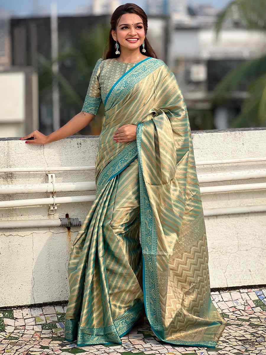 Sky Zari Tissue Handwoven Festival Casual Heavy Border Saree