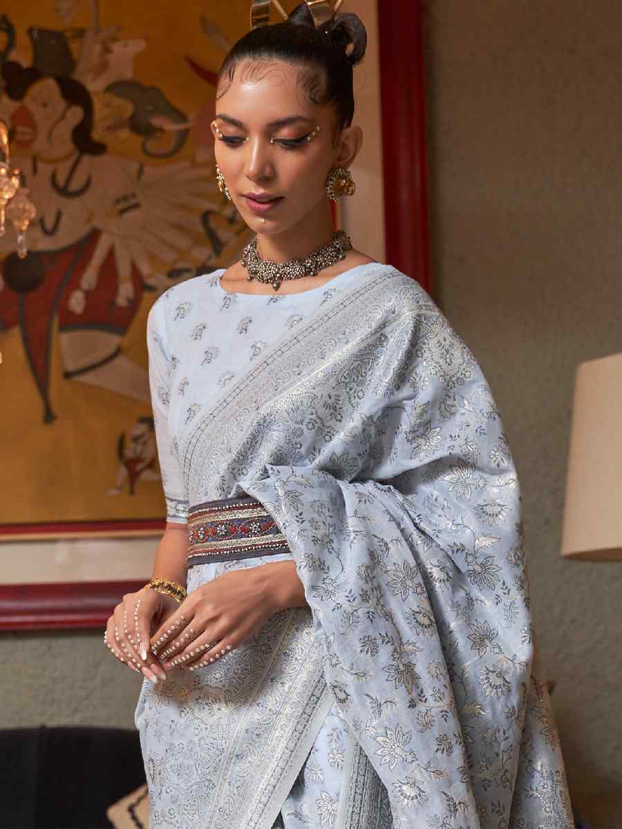 Silver Bluish Kashmiri Modal Silk Handwoven Wedding Festival Heavy Border Saree