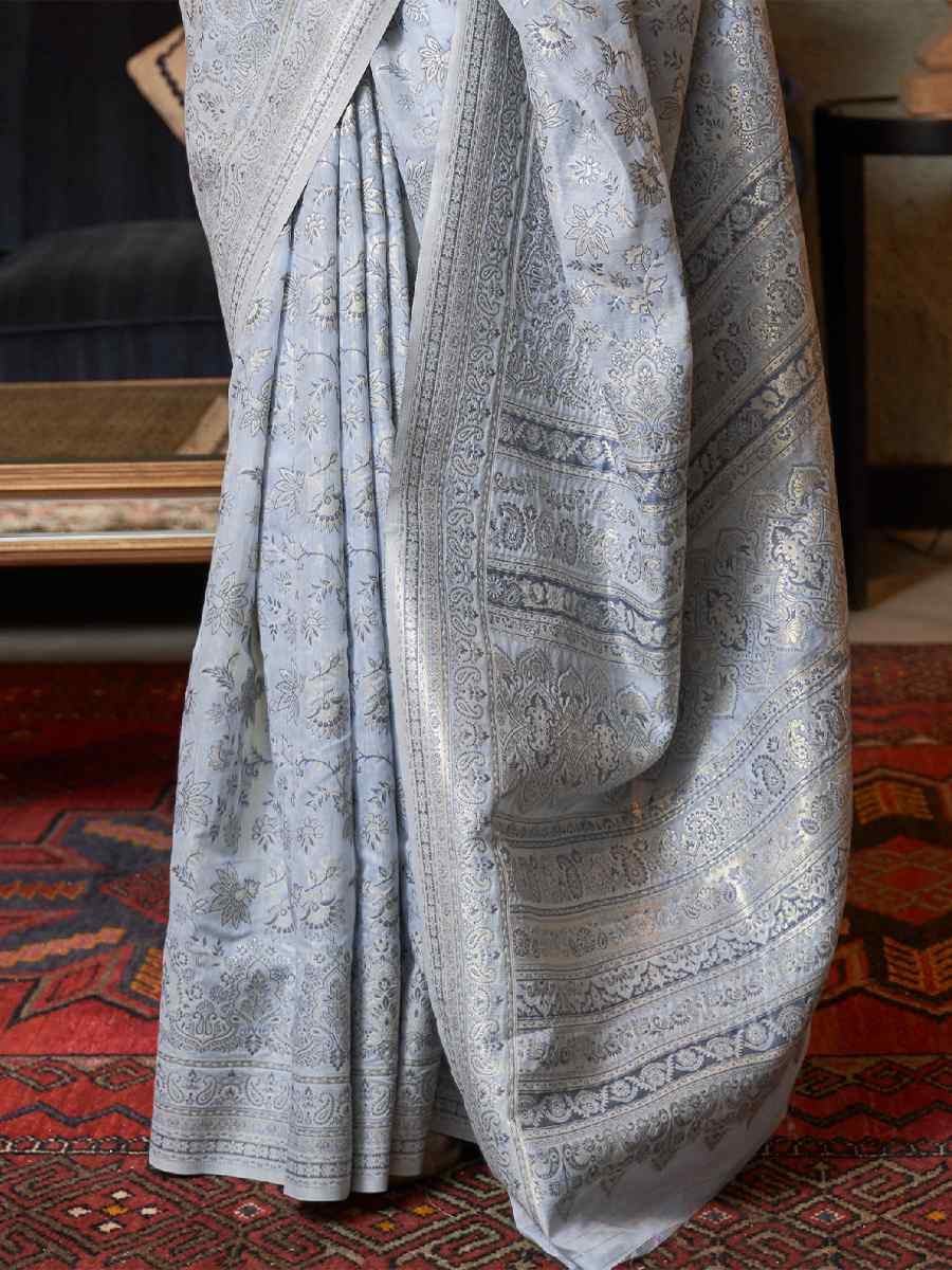 Silver Bluish Kashmiri Modal Silk Handwoven Wedding Festival Heavy Border Saree