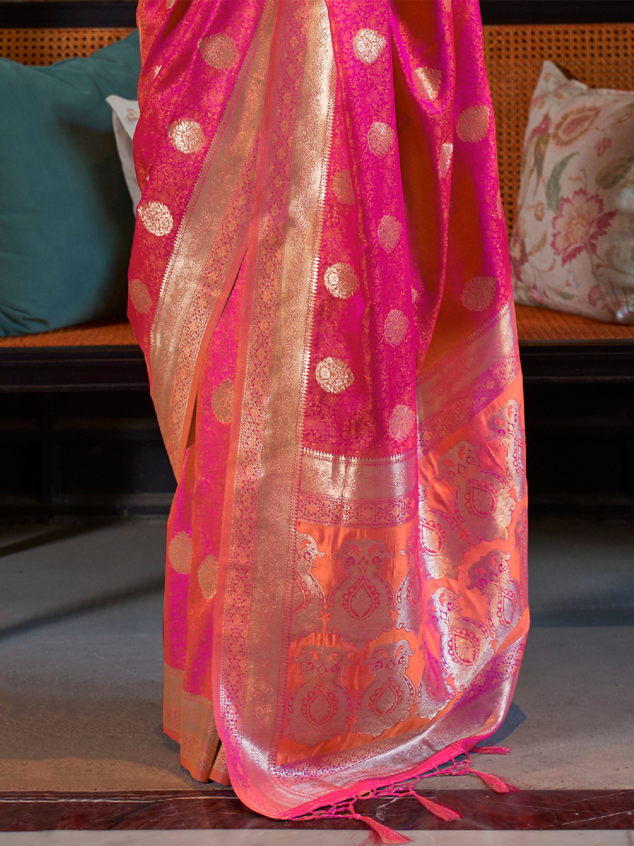 Strawberry Pink Pure Satin Silk Handwoven Wedding Festival Heavy Border Saree