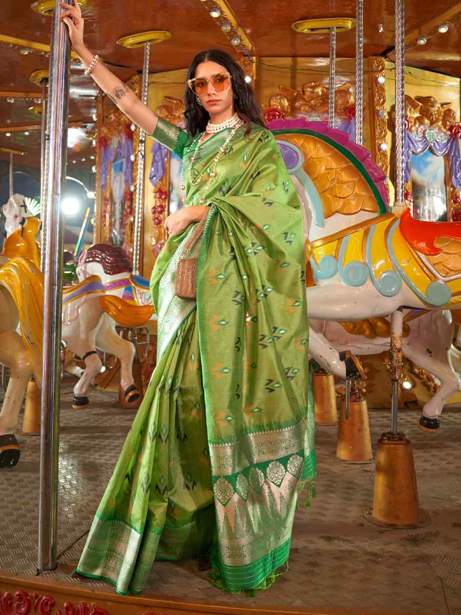 Sycamore Green Satin Handwoven Wedding Festival Heavy Border Saree