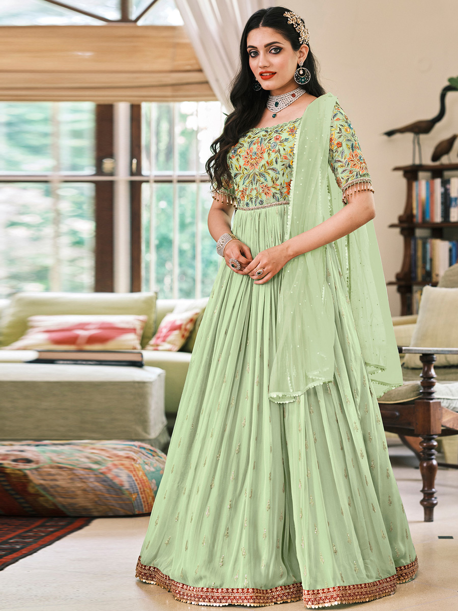 Georgette Embroidered 143370--Party Wear Bottle Green Color