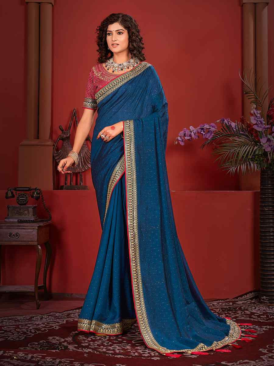 Teal Art Silk Embroidered Festival Wedding Heavy Border Saree