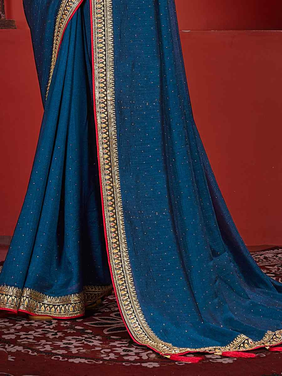 Teal Art Silk Embroidered Festival Wedding Heavy Border Saree