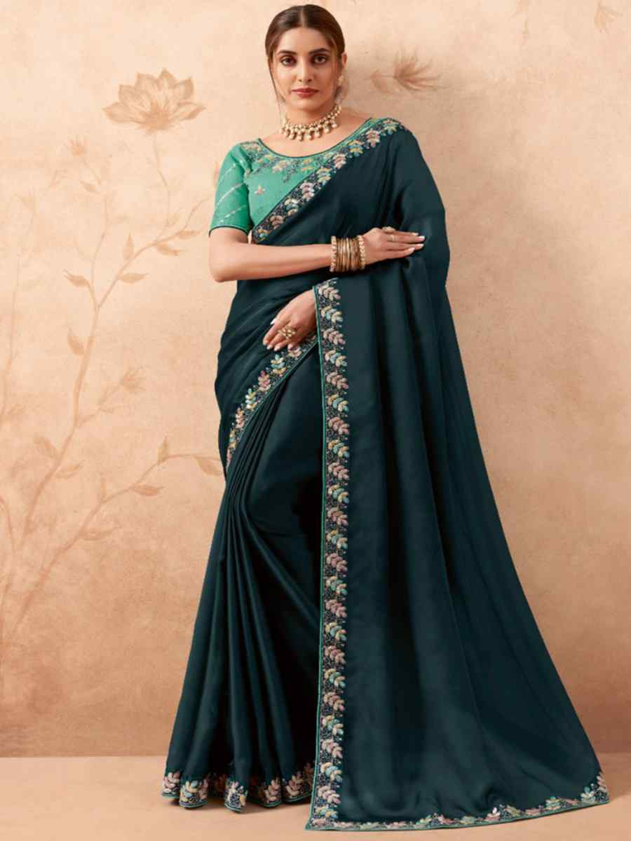 Teal Art Silk Embroidered Festival Wedding Heavy Border Saree