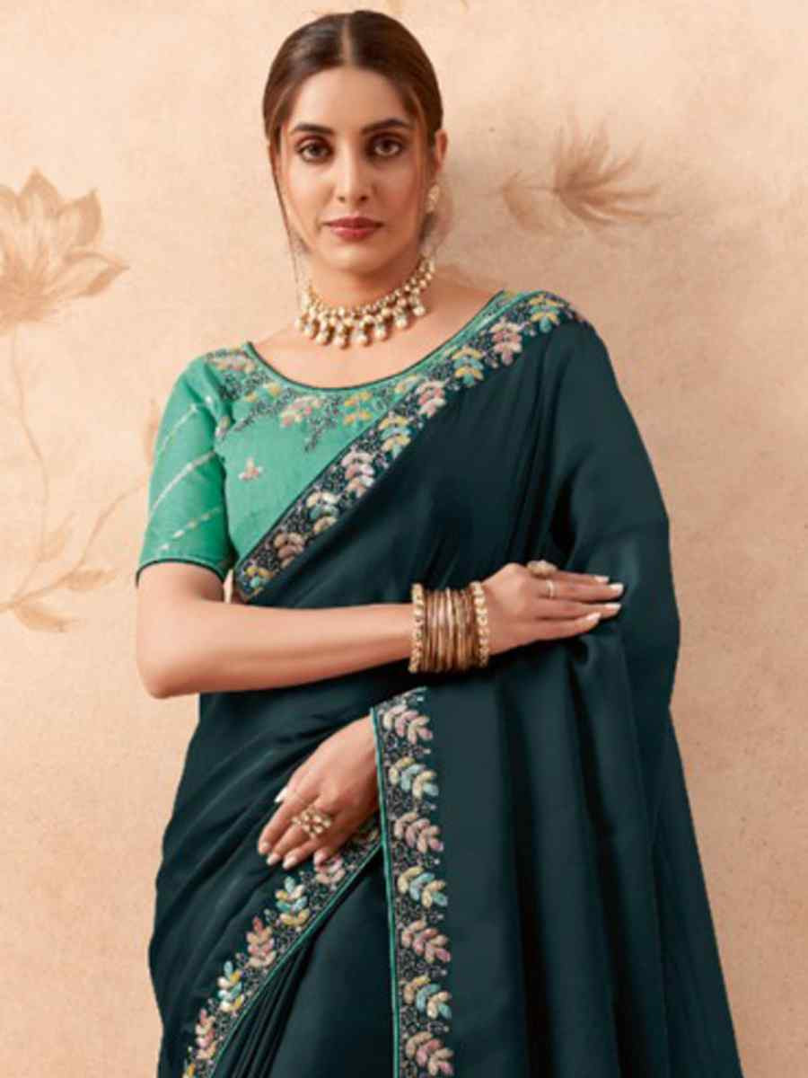 Teal Art Silk Embroidered Festival Wedding Heavy Border Saree