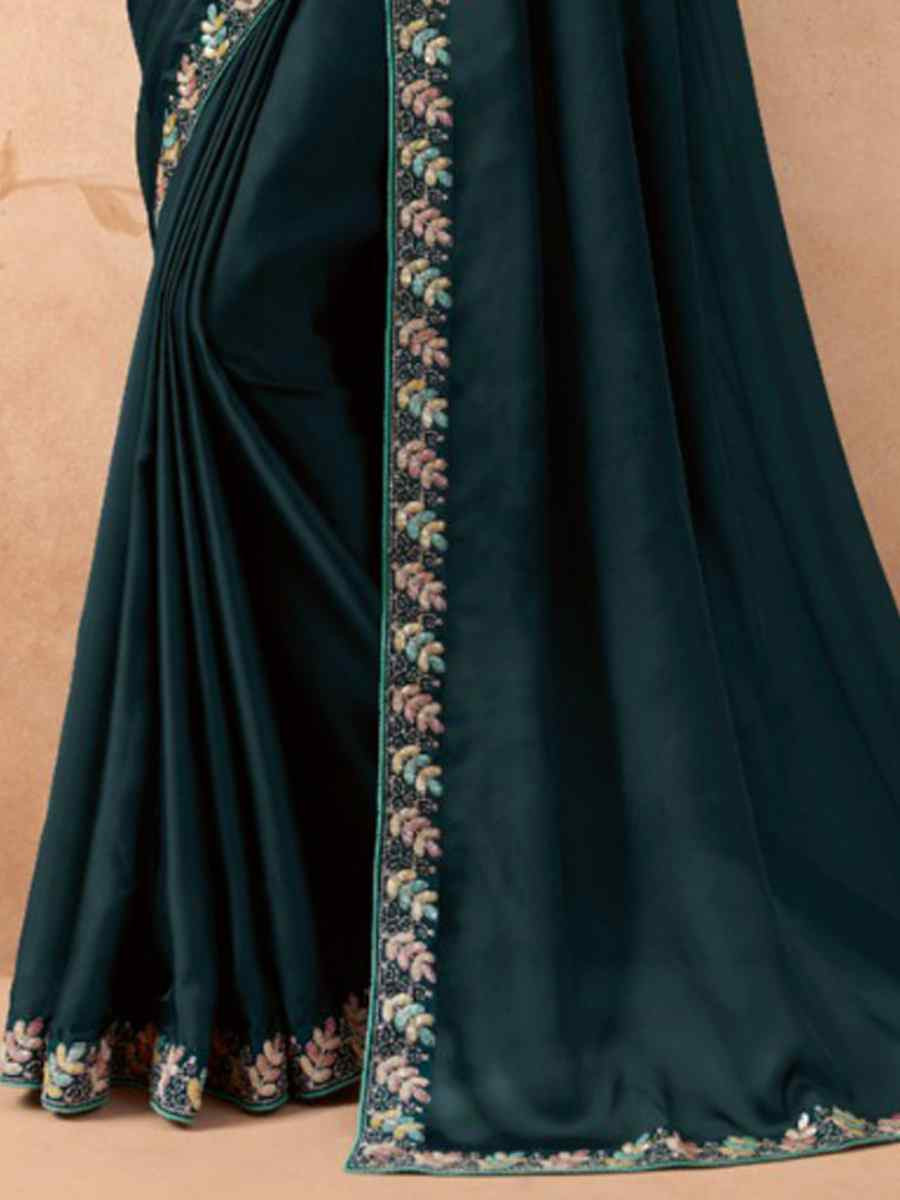 Teal Art Silk Embroidered Festival Wedding Heavy Border Saree