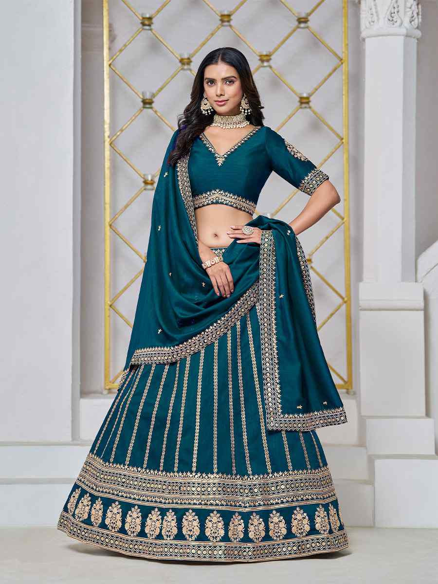 Teal Art Silk Embroidered Wedding Bridesmaid Heavy Border Lehenga Choli