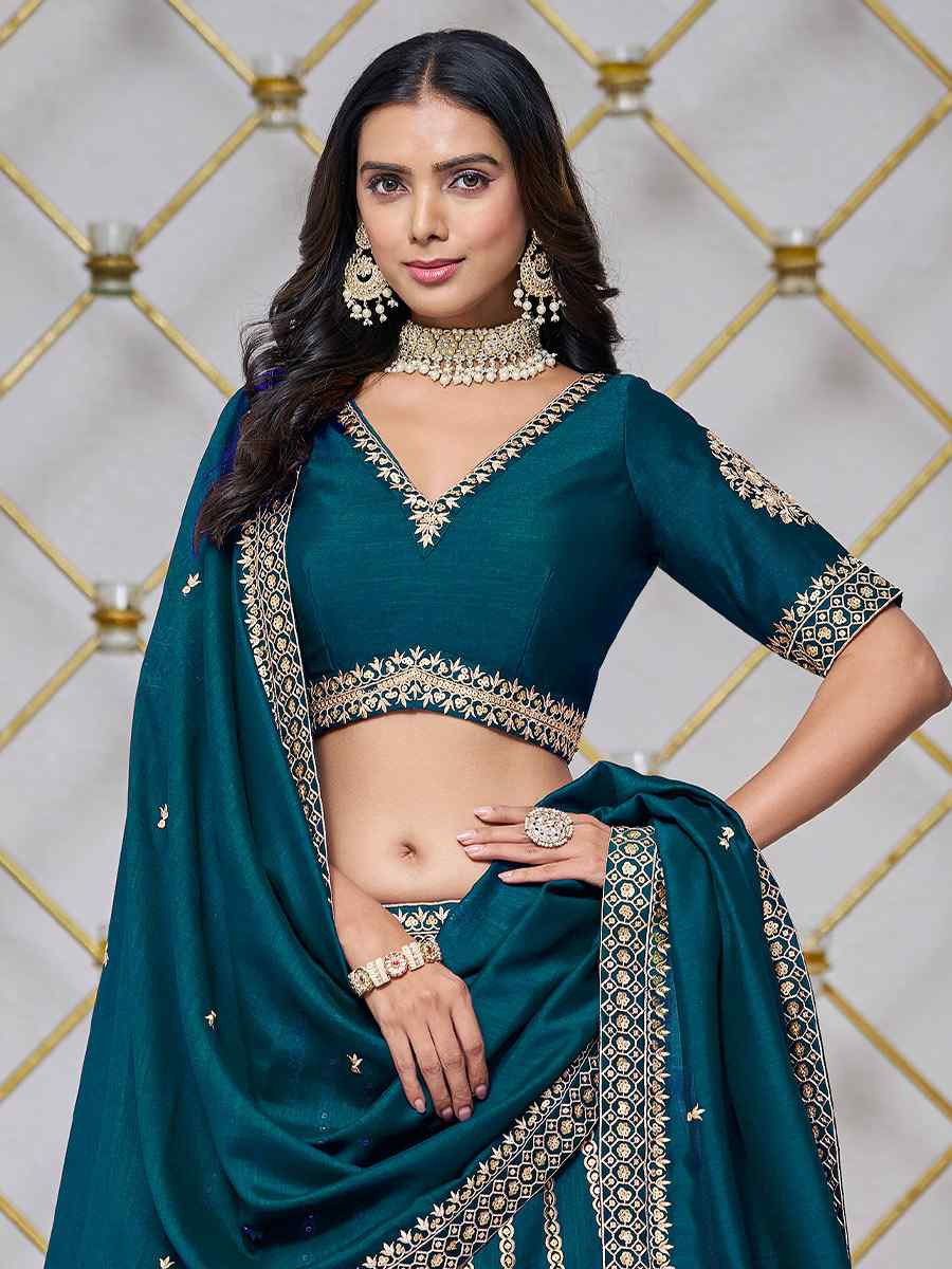 Teal Art Silk Embroidered Wedding Bridesmaid Heavy Border Lehenga Choli