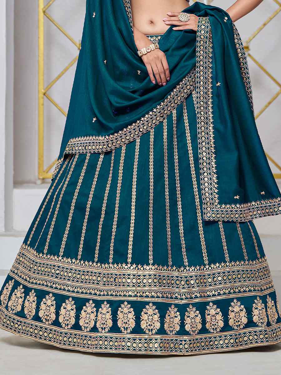 Teal Art Silk Embroidered Wedding Bridesmaid Heavy Border Lehenga Choli