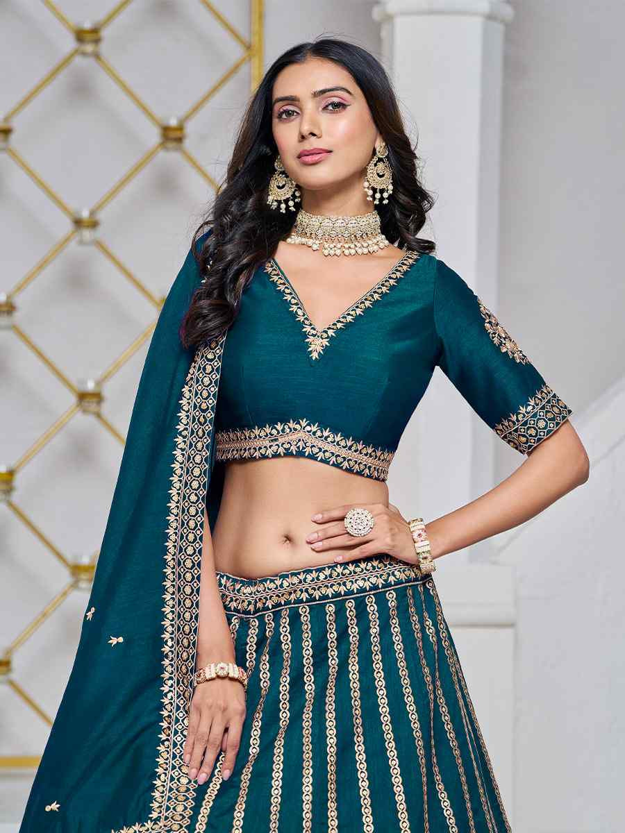 Teal Art Silk Embroidered Wedding Bridesmaid Heavy Border Lehenga Choli