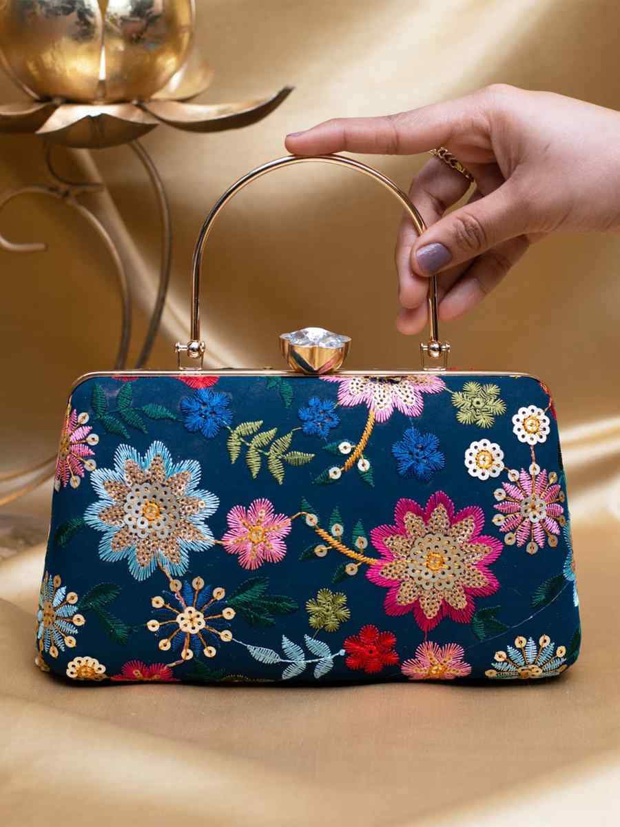 Teal Art Silk Party Wear Embroidered Clutches