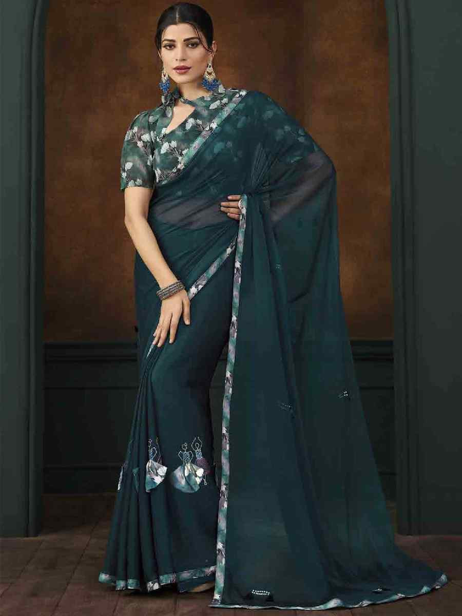 Teal Art Silk Printed Festival Casual Contemporary Saree